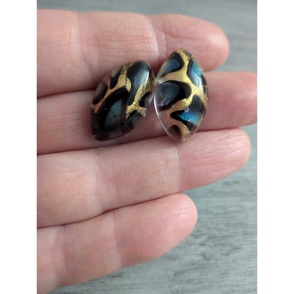 Vintage Art Glass Stud Earrings Gold Foil Black Blue Marquise Shape Post Back